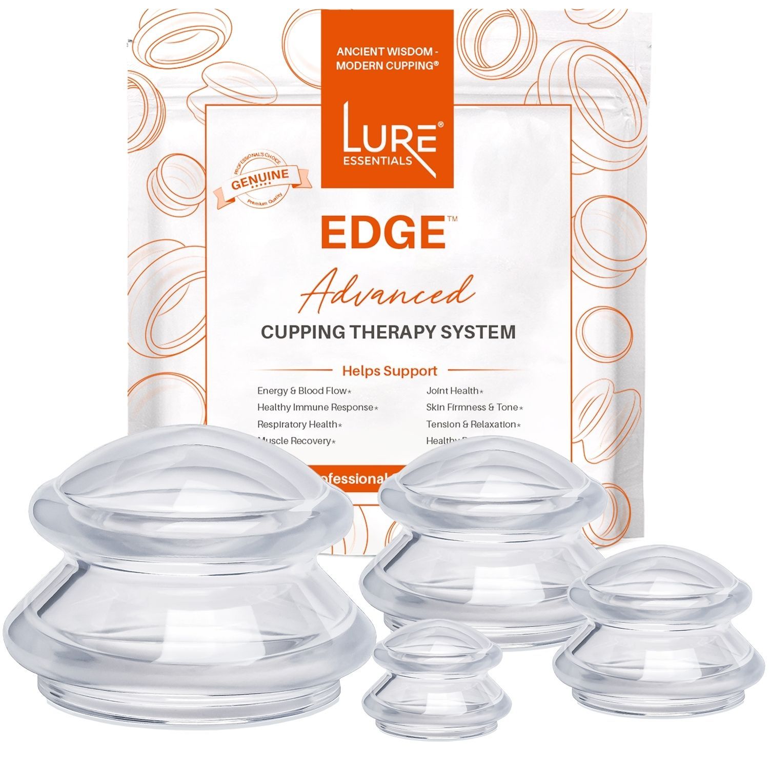 Lure Essentials Edge Cupping Therapy Set - Cupping Kit for Massage Therapy - Silicone Cupping Set - Massage Cups for Cupping Therapy, (8 Cups - 2L, 2m