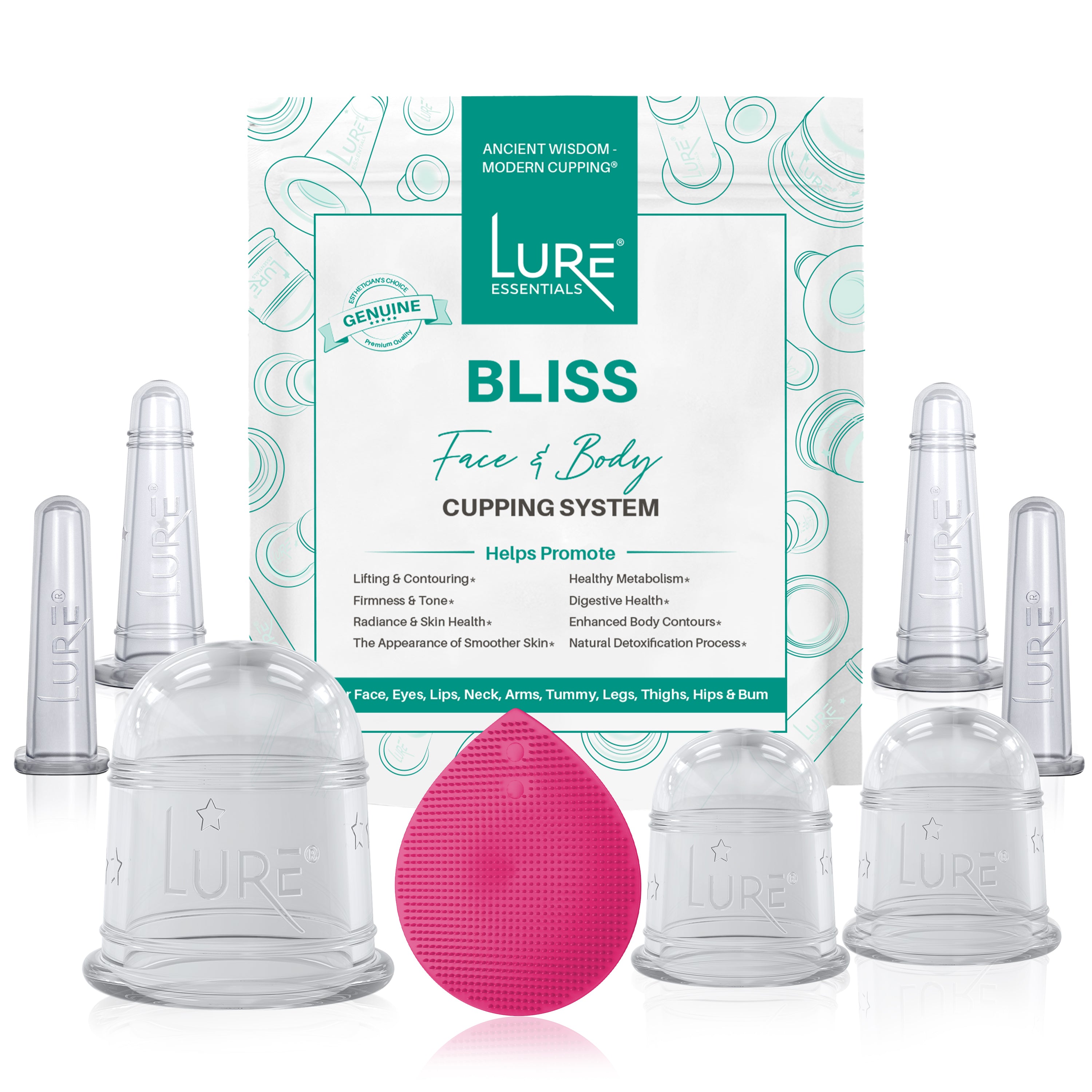 Lure Essentials Glam Face Cupping Set Facial Set with Silicone Brush Anti-Aging Face Lift Cupping Massage Free PDF Book for Professional and Home